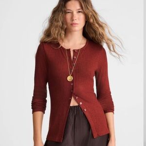 Madewell Textural Cutaway Cardigan Ribbed Long-Sleeve Button-Front Top - Rust